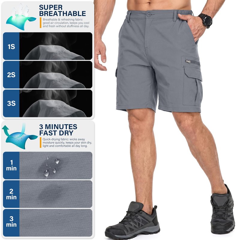 Jessie Kidden Mens Outdoor Casual Expandable Waist Lightweight Water Resistant Quick Dry Fishing Hiking Shorts #6222-Grey,29