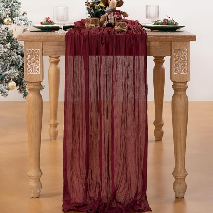 MLMC Burgundy Red Table Runner 10ft Rustic Gauze Wine Red Cheesecloth Table Runner Christmas Cheese Cloth Centerpiece 35x120 Inches for Wedding Bridal Shower Anniversary Valentine's Day Events Decor