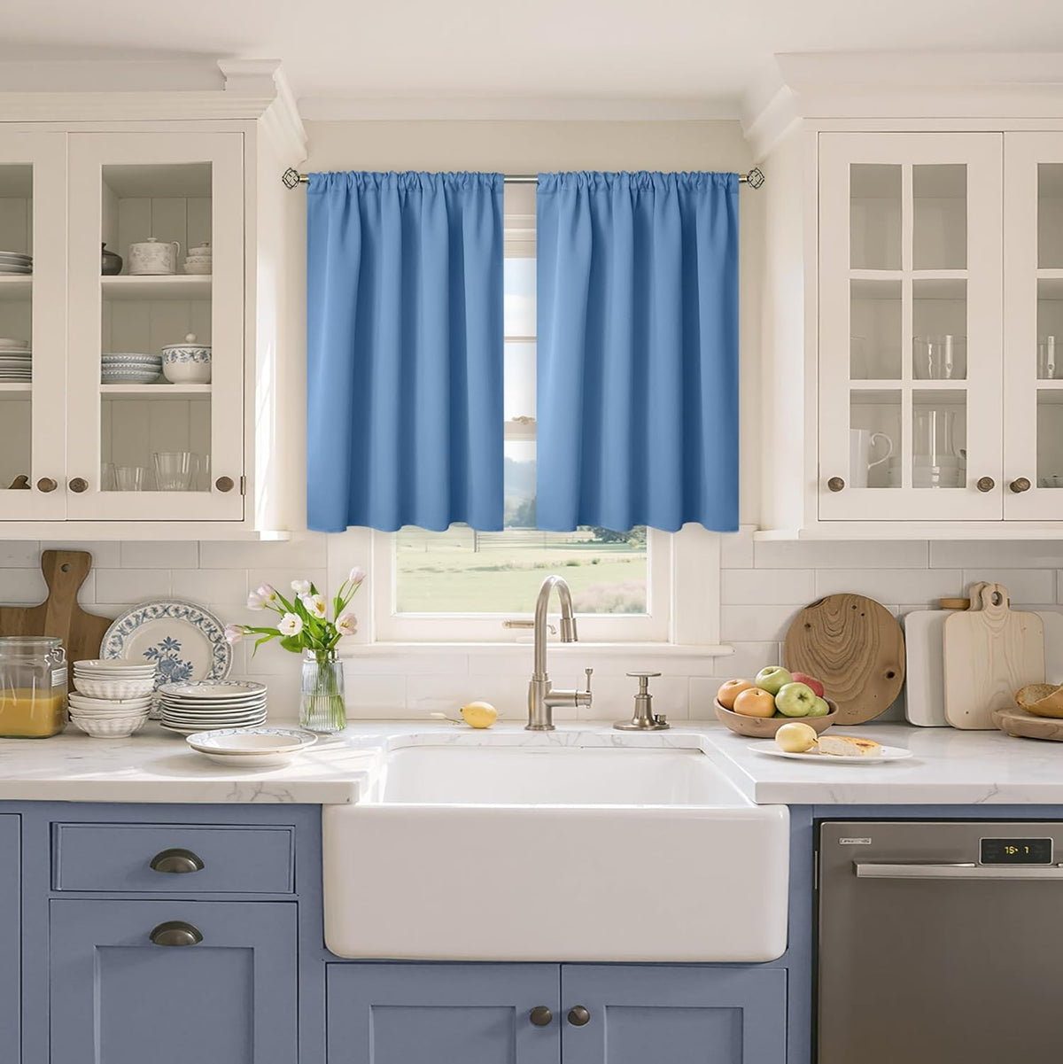BGment Denim Blue Blackout Curtains 40 Inches Length for Bedroom Kitchen Window - Short Thermal Insulated Drapes with Rod Pocket Darkening Privacy for Bathroom Cafe, 2 Panels, 42 x 40 Inch