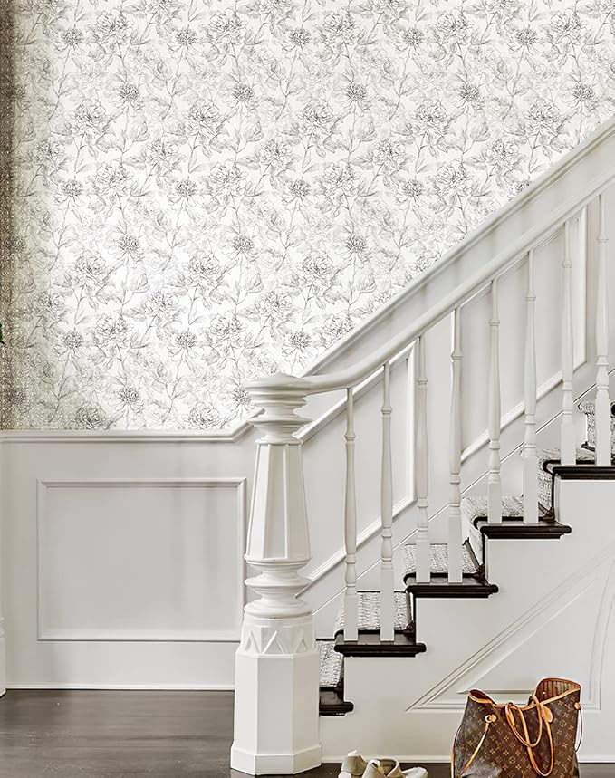 JiffDiff Floral Wallpaper Black & White Peel and Stick Vintage Peony Wall Paper