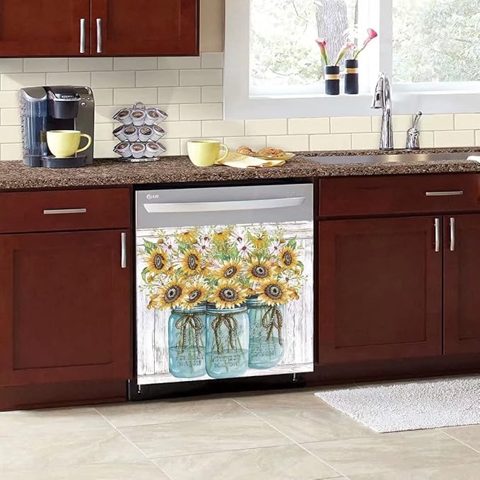 Farm Sunflower Dishwasher Cover Sticker, Vase Sunflowers Fridge Decal Panel, Farm Style Vinyl Home Appliance Cover, Ordinary 23"x17"INCH