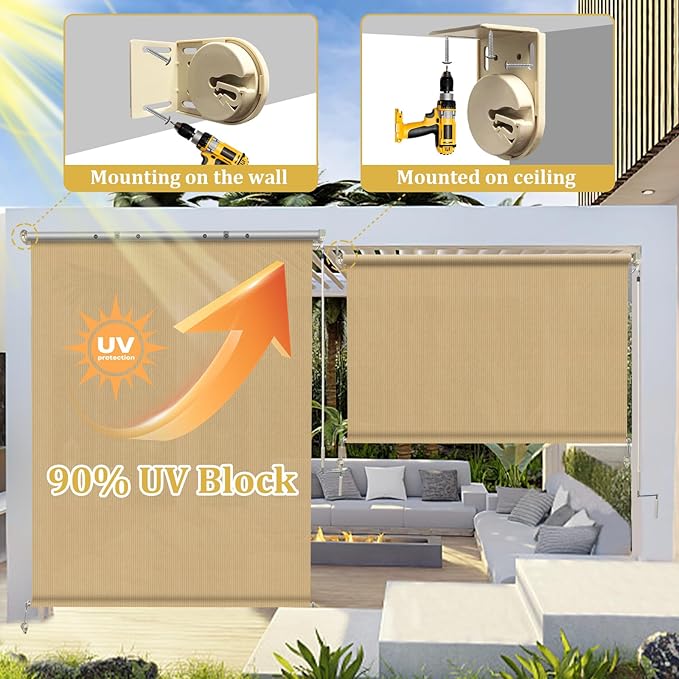 Shade&Beyond Outdoor Roller Shades 4' W x 8' H Cordless Patio Roll Up Blinds