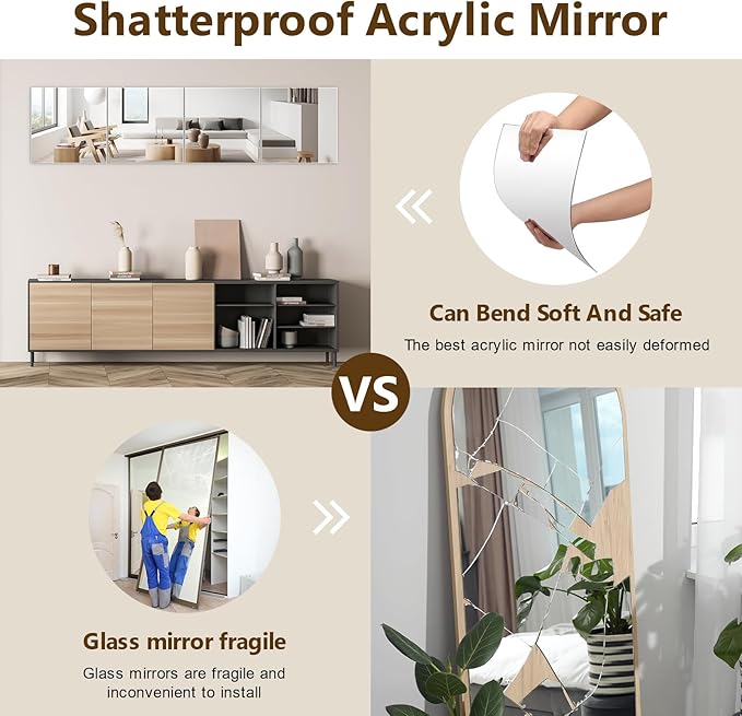 Full Length Mirror Tiles, 12x12 Inch Unbreakable Acrylic Squares