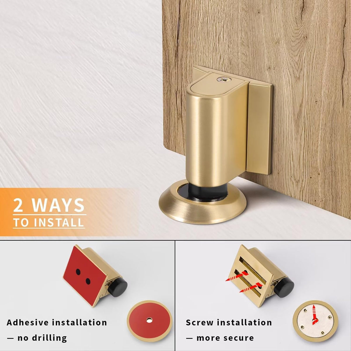 Bak Bo Magnetic Door Stoppers 2 Pack Bottom of Door Holder Keep Door Open No Drilling Magnet Floor Door Stop with Screws and Adhesive Brushed Gold DS268BG-2