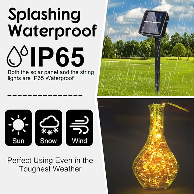 2 Pack Total 200 LED 66FT Solar Powered Copper Wire String Lights Outdoor, Waterproof, 8 Modes Fairy Lights for Garden, Patio, Party, Yard, Christmas (Warm White)