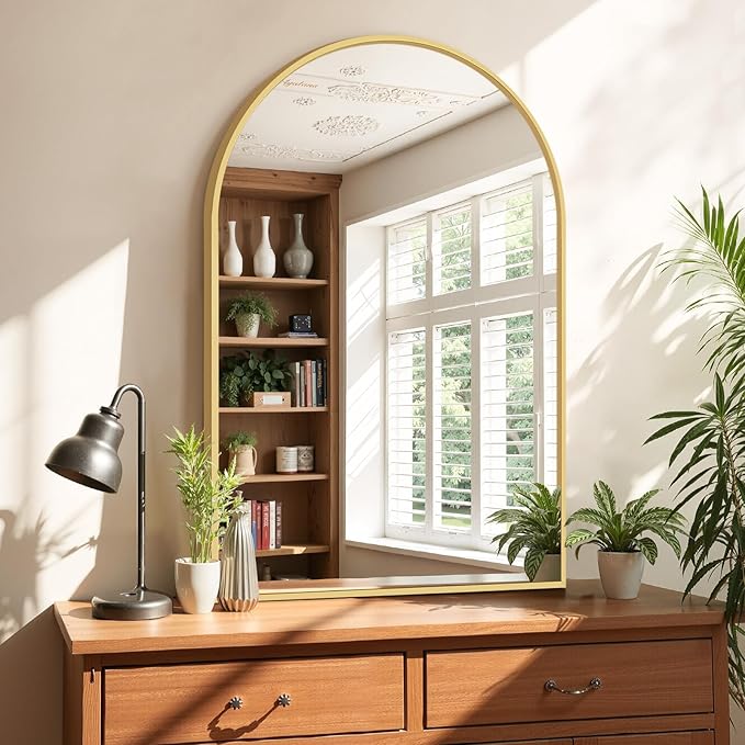 Bathroom Mirror for Wall, 36x24 Inch Arched Mirror, Matte Gold Metal Framed