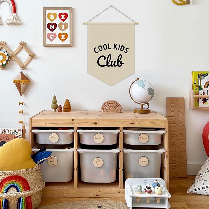 Kids Room Decor, Cool Kids Club Linen Canvas Banner, Neutral Minimalist PlayRoom Wall Hanging Pennant Flag Banner for Nursery Toddler Room Bedroom Decor, 15x11in