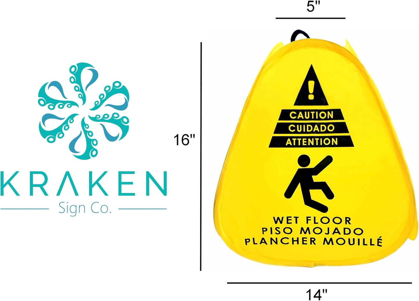 Kraken Sign Co - Pop-up Sign, Yellow 4-Sided Bilingual Trilingual English/Spanish/French Warning, Pop-up Caution Wet Floor Sign 16 inch for Restaurant, Commercial and Industrial Safety. Foldable, Portable, Durable