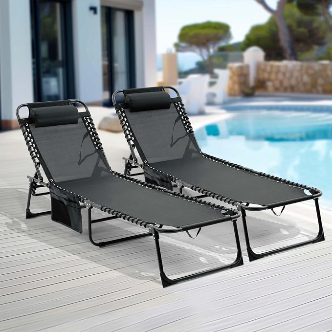 Tanning Chairs for Outside, Chaise Outdoor Lounge Chair, Folding Pool Chairs & Patio Lounger for Beach Camping Hiking Backyard Sunbathing Poolside, Portable (Black Set of 1)