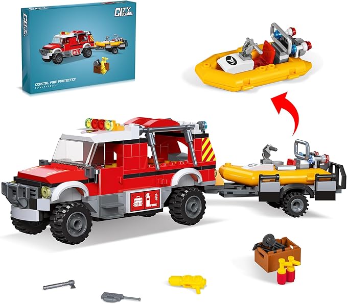 City Fire Truck Building Set with Rescue Boat Building Blocks - Educational Playset for City Fire Rescue - Birthday Christmas Building Blocks Gift Idea