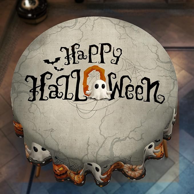 Eikione Round Tablecloth 60inch, Happy Halloween Tablecloth Waterproof and Wrinkle-Free, Table Covers, Summer Decorations for Home Dining