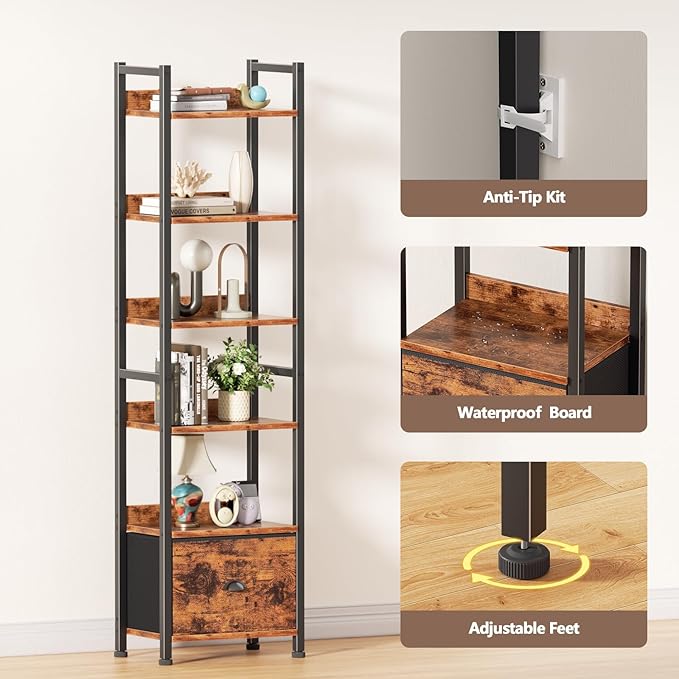 Furologee 6 Tier Bookshelf, Tall Shelf with Drawer, Wood and Metal Bookshelves Storage Organizer, Industrial Display Shelving Unit for Bedroom, Living Room, Home Office, Rustic Brown