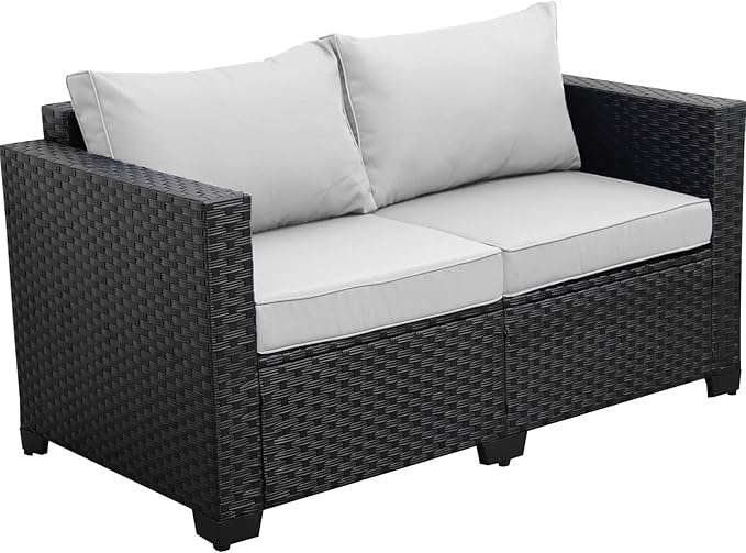 Rattaner Outdoor Furniture Loveseat Sofa Patio Furniture Small Sofa 2 Seater Couch with Anti-Slip Cushions Lumbar Pillow and Waterproof Cover, Grey