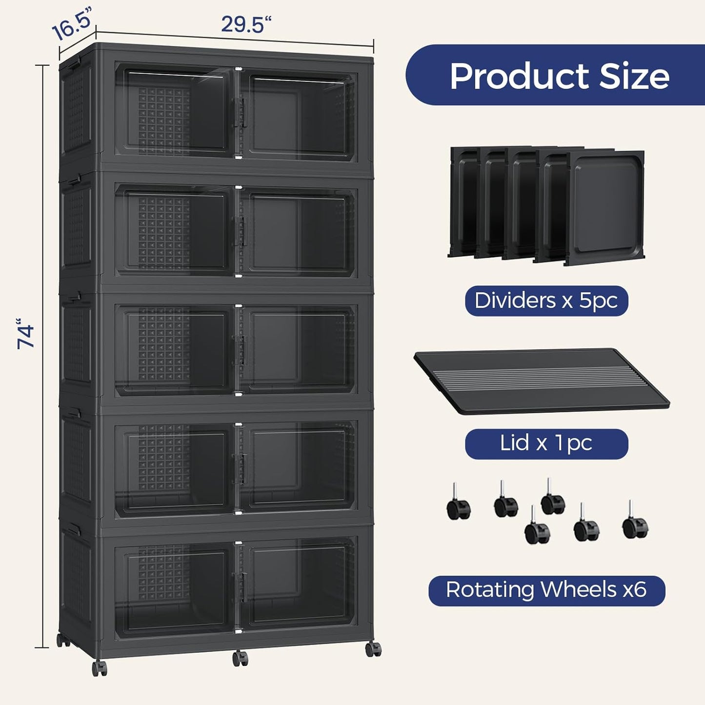 200GAL Extra Large Storage Bins with Lid, 800Qt Stackable Closet Organizers and Drawers, Collapsible Storage Bins with Wheels, Folding Storages Cabinet for Home Bedroom Office, 5Pack Black