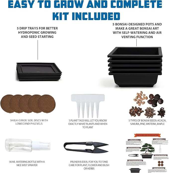 Bonsai Starter Kit, 5 Seeds Growing into Acacia, Wisteria, Sakura, Red Maple and Black Pine, Including Complete Gardening Tools with A Gift Box for Men Women Beginners