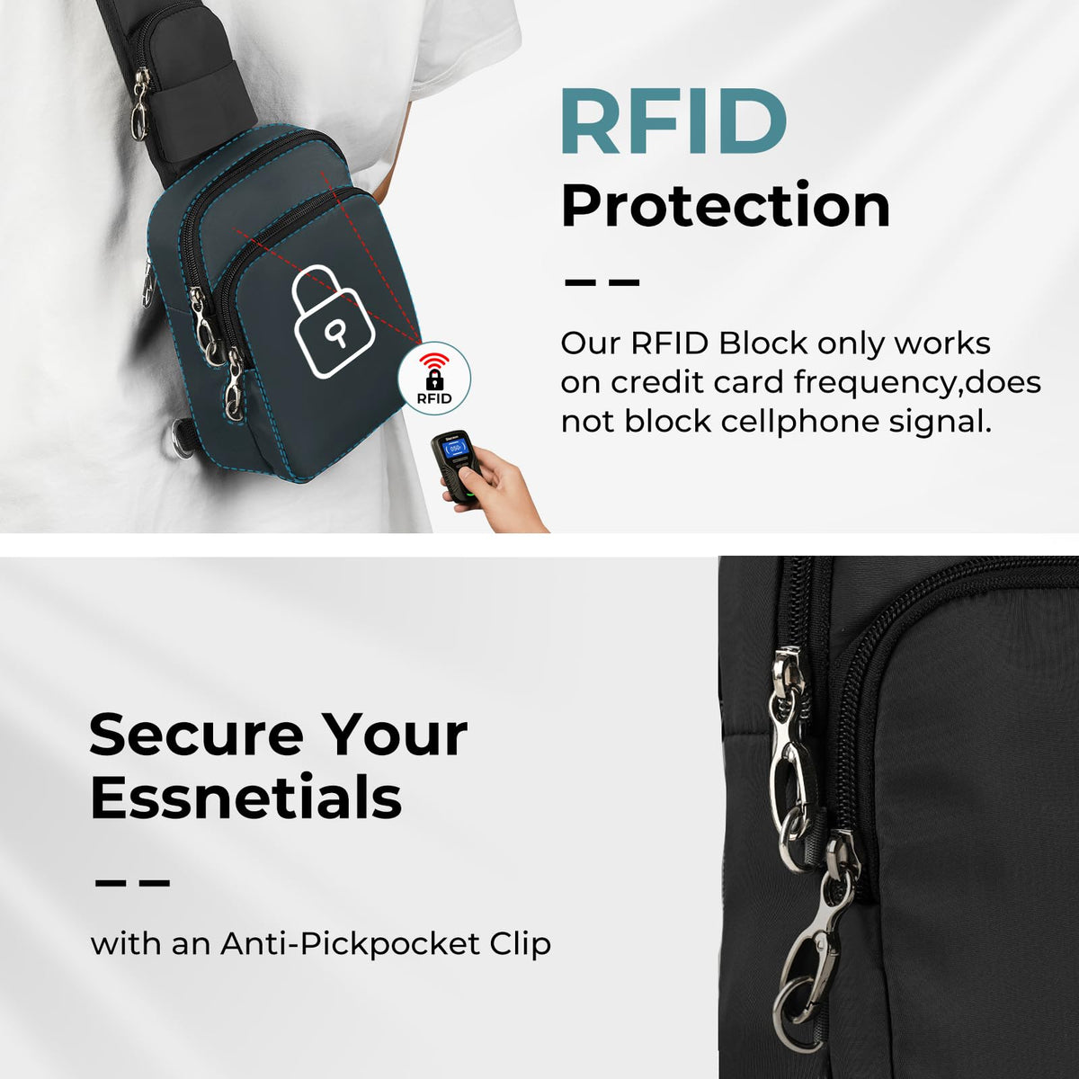 BROADREAM Sling Bag, Crossbody Bag with Anti-Theft Lock Zipper, RFID Blocking & Water Resistant for Travel Work Sport (Black)