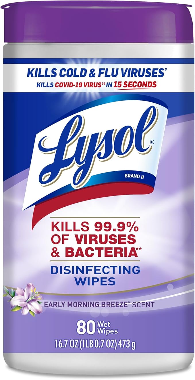 Lysol Disinfectant Wipes, Multi-Surface Antibacterial Cleaning Wipes, Dorm Room Essentials For Disinfecting and Cleaning, Early Morning Breeze, 80 Count (Pack of 1)