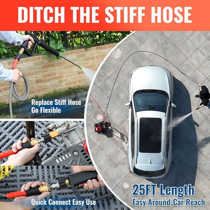 YAMATIC Upgraded Flexible Pressure Washer Hose 25FT 1/4", 3200 PSI Non-Kink Replacement with M22-14mm & 3/8" Quick Connect Adapters, Extension for Gas Power Washer Troy-Bilt Ryobi Honda Craftsman