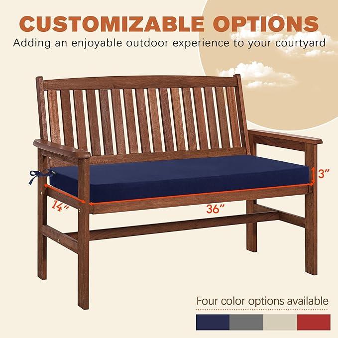 Favoyard Outdoor Bench Cushion 36 x 14 Inch Rainproof Patio Furniture Cushions 3-Year Color Fastness Garden Settee Porch Pads with Ties, Blue