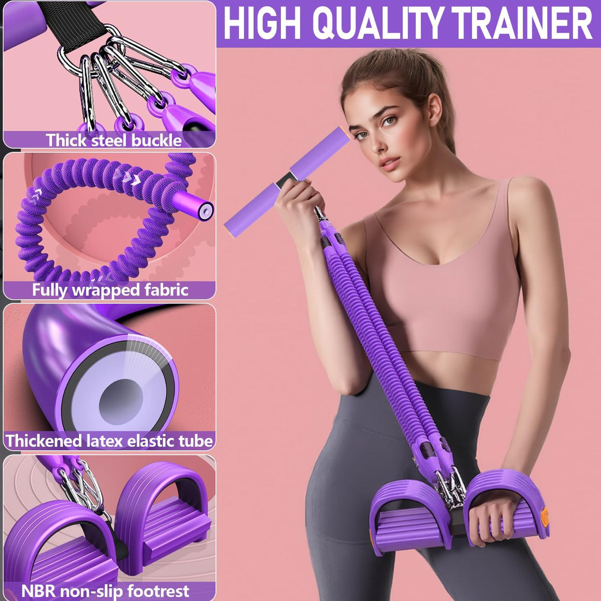 Skiennix Adjustable Foot Pedal Resistance Band - 4-Tube Ankle Puller for Full Body Workout | Purple