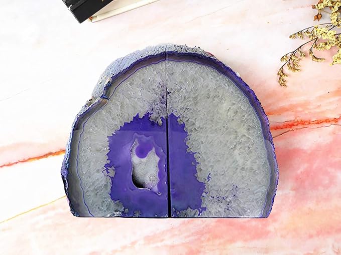 JIC Gem Purple Agate Bookends Geode Book Ends Heavy Duty Crystal Bookends Decorativer with Rubber Bumpers (1 Pair, 4-6 LBS)