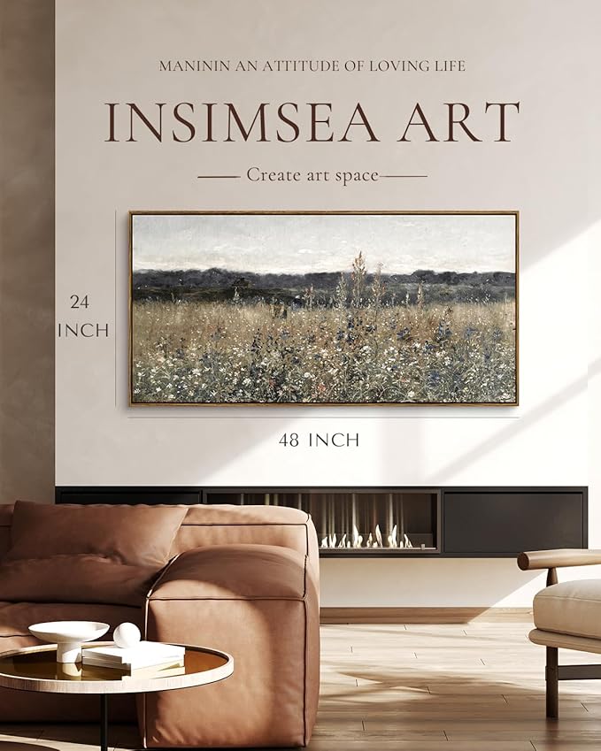 InSimSea Extra Large Framed Vintage Wall Art, Living Room Country Farmhouse Decor, Flower Meadow Landscape Paintings, Canvas Prints, Retro Scenery Long Pictures for Bedroom Above of Bed,24x48inch
