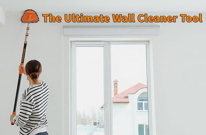 24 Foot High Reach Duster Kit with 5-18 ft Extension Pole // High Ceiling Dusting and Window Cleaning Kit with Telescopic Pole // Baseboard and Wall Washer Mop, Squeegee, Fan Blade & Cobweb Dusters