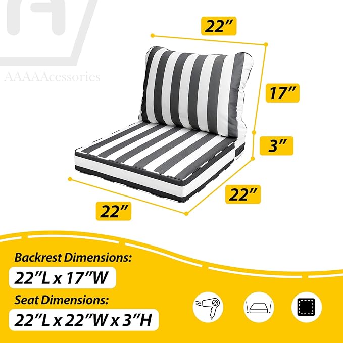 AAAAAcessories Outdoor Seat Cushions for Chairs, Fade-Resistant, Waterproof Patio Furniture Replacement Cushions, 22" x 22" x 3" + 22" x 17", Gray Cabana Stripe