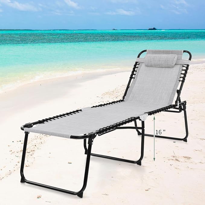 Tangkula Beach Lounge Chair for Outside, Folding Chaise Lounge Outdoor with 4-Position Backrest, Removable Headrest and Side Pocket, Portable Sunbathing Tanning Chair for Patio, Poolside (1, Grey)