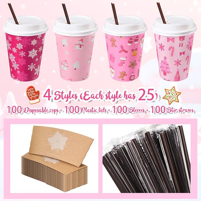 Lallisa 100 Sets Pink Christmas Disposable Coffee Paper Cups Bulk with Lids Sleeves & Straws, 12 oz Xmas Snowman Snowflake Coffee Cups for Hot Cold Cocoa Tea Holiday Party Supplies