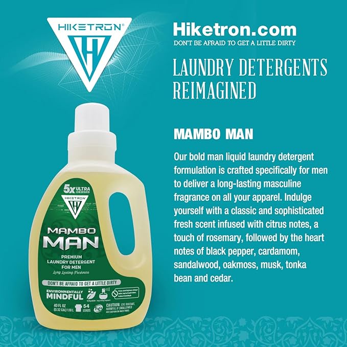 Hiketron Mambo Man Liquid Laundry Detergent, 5x Ultra Concentrated, Tough Stains Remover, Long Lasting Masculine Scent (80 Fl Oz, Pack of 2)