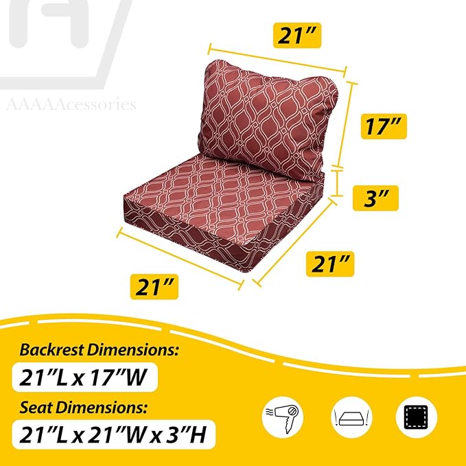AAAAAcessories Outdoor Seat Cushions for Chairs, Fade-Resistant, Waterproof Patio Furniture Replacement Cushions, 21" x 21" x 3" + 21" x 17", Clay Red Vine Trellis