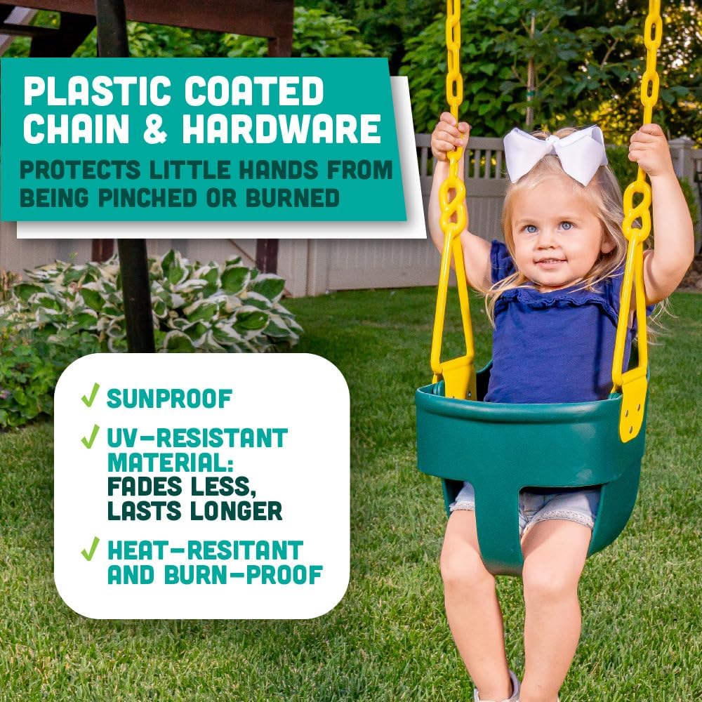 Squirrel Products Premium High Back Full Bucket Toddler Swing Seat - Easy Install with Plastic Coated Chains - Green