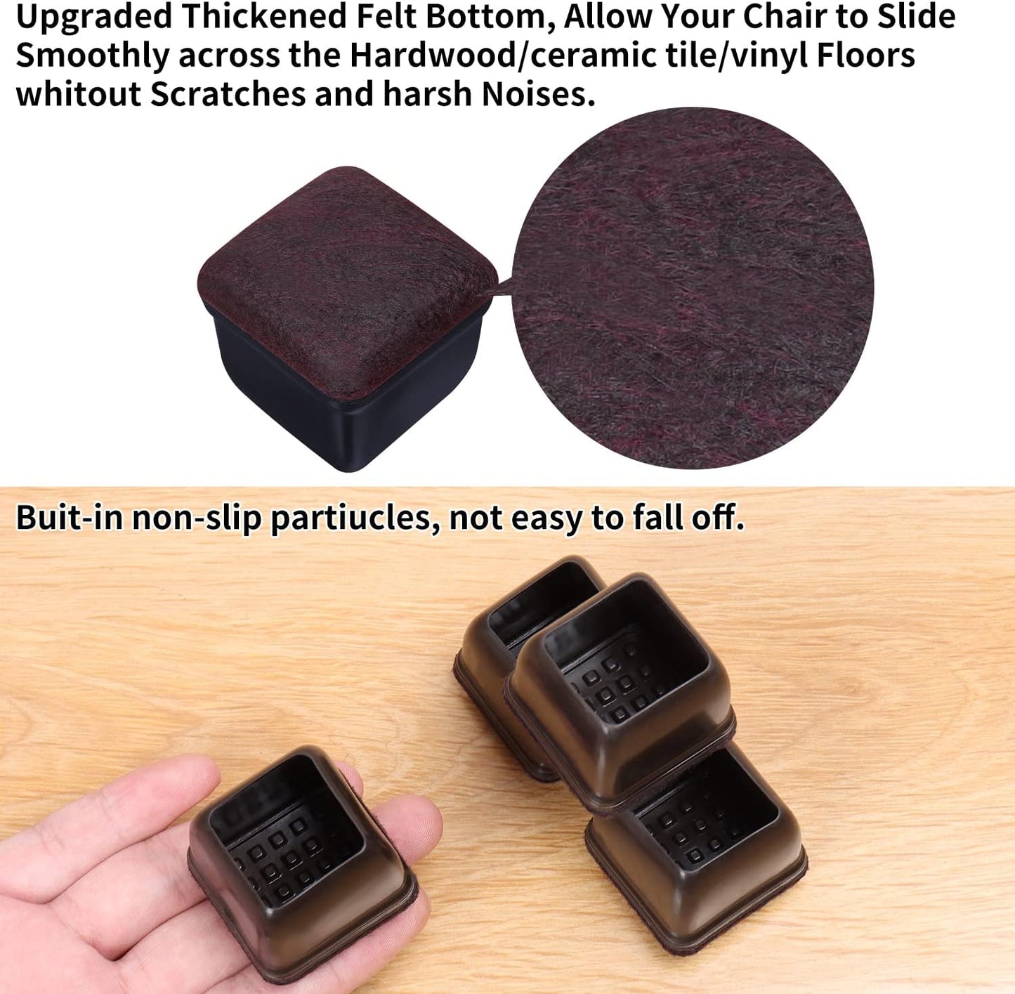 Ezprotekt 24 Pcs Black Square Chair Leg Floor Protectors with Felt, Silicone Felt Furniture Pads Cups for Hardwood Floor, Dining Table Leg Caps Covers No Scratches and Noise (M Fit: 0.75" - 1")