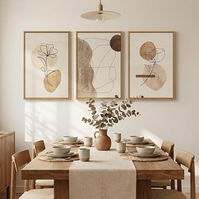 Framed Neutral Abstract Boho Wall Art Bedroom, 3 Piece Brown Black Botanical