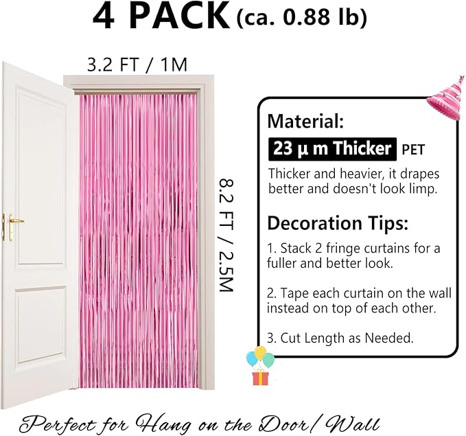 Thicken Pink Streamers 4 Pack 3.2 x 8.2 FT, Pink Birthday Decorations for Girls, Tinsel Backdrop Curtains, Foil Fringe Photo Backdrop for Bachelorette, Graduation, Baby Shower Party Decorations