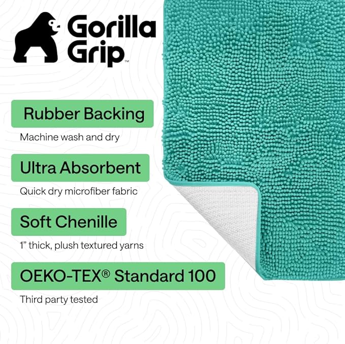 GORILLA GRIP Bath Rug Mat 60x24, Thick Soft Absorbent Chenille, Quick Dry Microfiber Mats, Rubber Backing Machine Washable Shower Floor Rugs, Bathmat Runner, Bathroom Home Decor Accessories, Turquoise