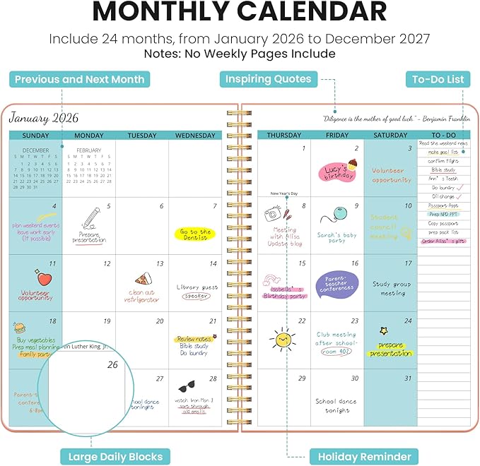 Monthly Planner 2026-2027, 2 Year Months Calendar Planner 2026-2027, Runs from January 2026 - Decembe 2027, 7" x 10", 24 Months, Perfect for School Office Home Planning - Coral