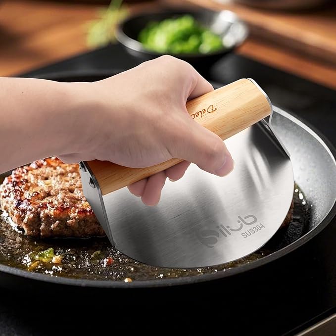 Smash Burger Press,304 Stainless Steel 6.0 Inches Round Hamburger Smasher with Anti Scald Wood Handle, Non-Stick Burger Press Perfect for Flat Top Griddle Grill Cooking (6'' Coated Press)