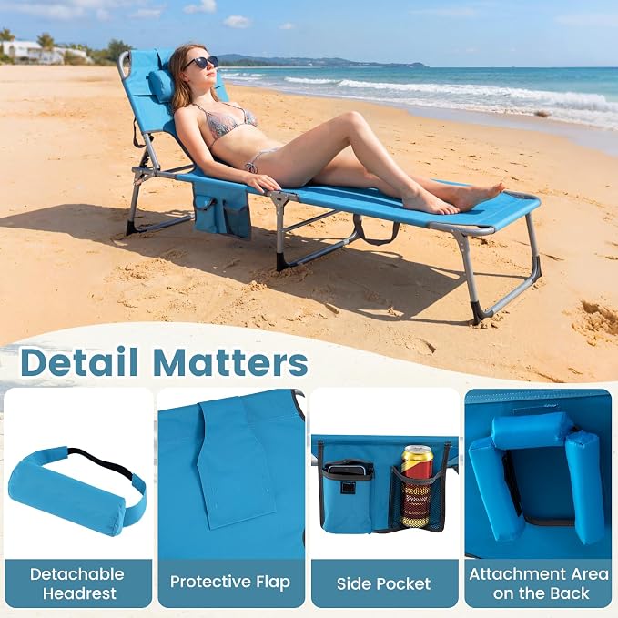 COSTWAY Tanning Chair with Face Hole, Folding Beach Lounge Chair with 4-Position Adjustable Backrest, Pillow & Side Pocket, Foldable Chaise Lounge Chair Outdoor for Sunbathing, Camping (2, Blue)