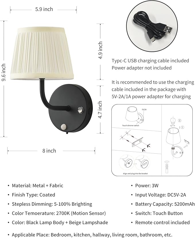 PUSU Motion Sensor Black H9.6 inch Small Wall Sconces Set of 2, LED Cordless
