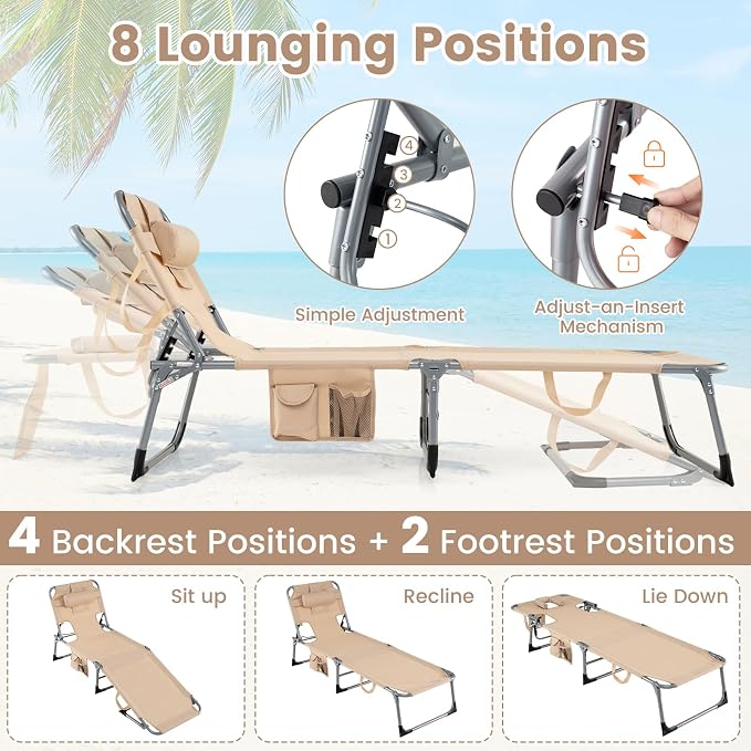 COSTWAY Tanning Chair with Face Hole, Folding Beach Lounge Chair | 4-Position Adjustable Backrest, Pillow & Side Pocket, Foldable Chaise Lounge Chair Outdoor for Sunbathing, Camping (1, Beige)