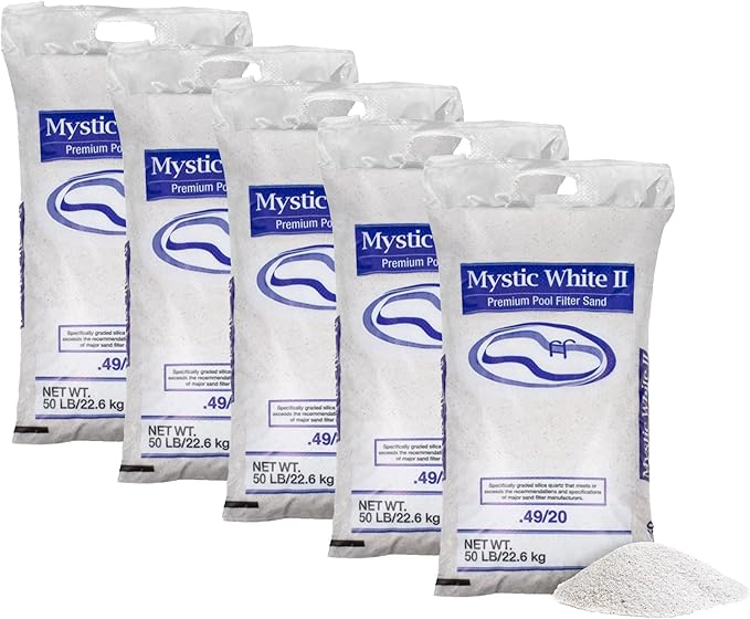 5 Pack Mystic White II Sand for Above Ground and Inground Pool Filter Pumps, 50 Lb - Accessories and Supplies for Swimming Pool System Cleaning and Maintenance