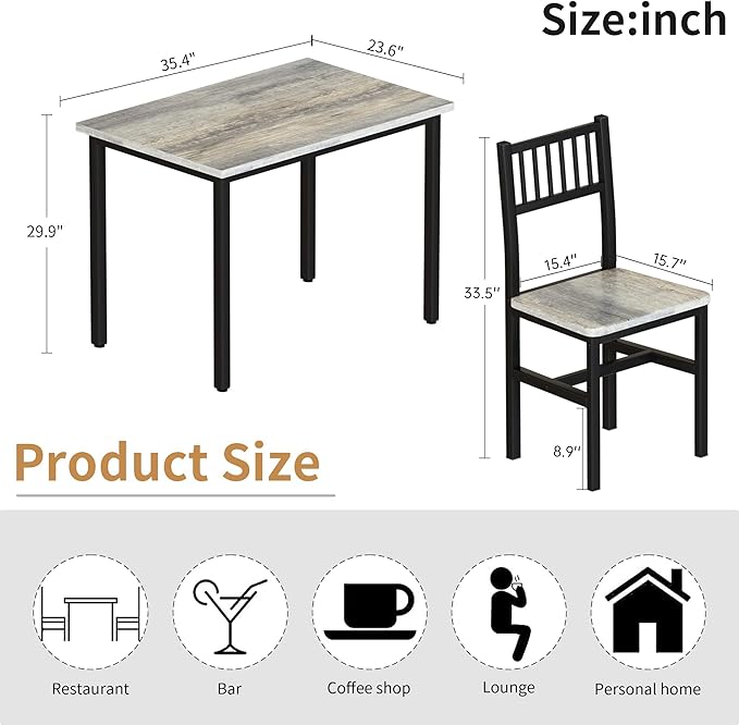 Lamerge Small Kitchen Table Set for 2, Industrial Dining Table and 2 Chairs, 3 Pieces Dining Table Set for 2 Dinner Table Set for Small Space, Apartment,Grey