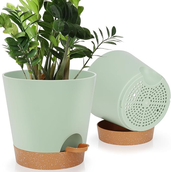 YNNICO 8-Inch Plant Pots, Self-Watering Planters with Drainage Holes & Saucers for Indoor and Outdoor Plants (2-Pack, Green)