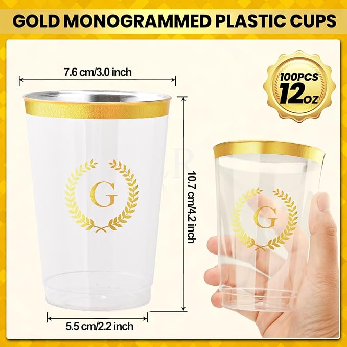 100 Pieces Monogrammed Plastic Cups Gold Foil Letter G Disposable Cups 12 oz Clear Initial Party Cups for Wedding Birthday Baby Shower Personalized Party Drinkware