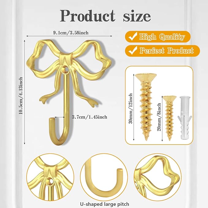 4 PCS Large Size Gold Bow Wall Hook, Metal Hooks, Bow Room Decor Hooks