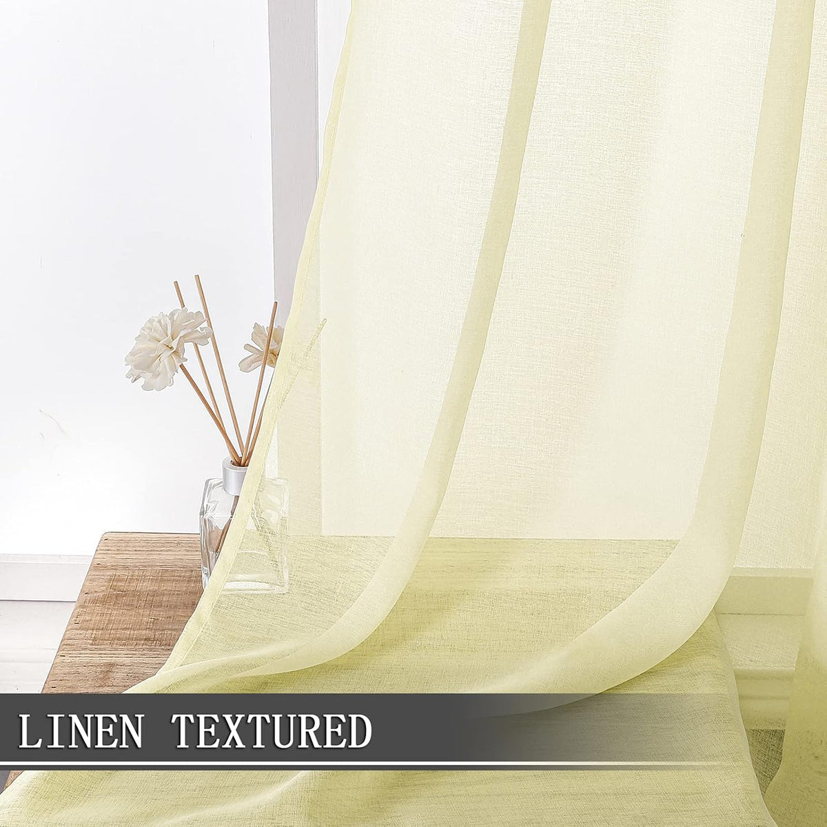 Tollpiz Sheer Tier Curtain Linen Textured Half Kitchen Curtains Sheer Light Filtering Rod Pocket Voile Small Curtains for Bathroom, 25 x 36 inches Long, Transparent Yellow, Set of 2 Panels