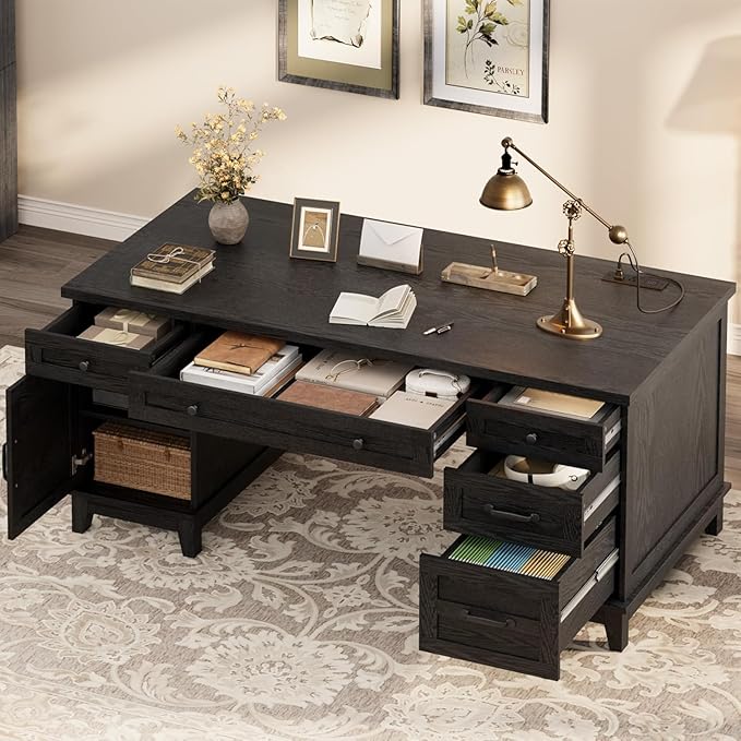 60 Inch Farmhouse Executive Desk with File Drawers for Home Office, Large Computer Desk with Storage Cabinet & Charging Station, Wooden Writing Table with Power Outlets & USB Ports for Work Study