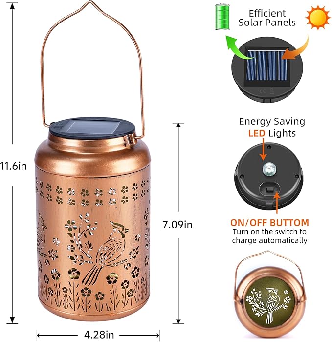 2Pack Cardinal Solar Lanterns Outdoor Waterproof Garden Decor Gifts for Women Mom Grandma Hanging Solar Lights Metal Christmas Gifts Decorative Lantern for Yard, Patio, Lawn, Pathway, Landscape